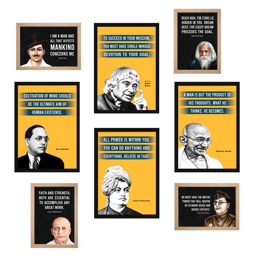 Set of 8 Freedom Fighter Quotes Framed Poster - Abdul Kalam, Vivekananda, Bhagat Singh, Sardar Patel, Ambedkar, Gandhi, Subhas & Rabindranath Tagore